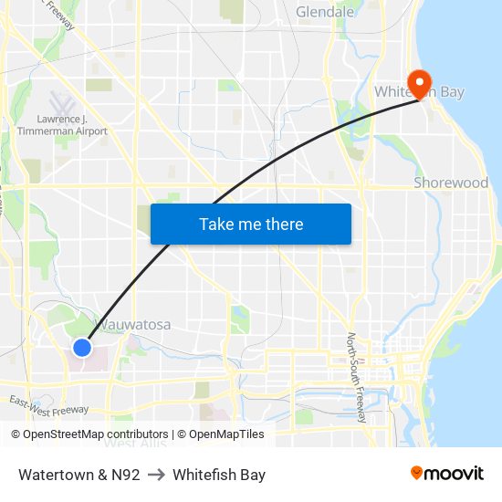 Watertown & N92 to Whitefish Bay map