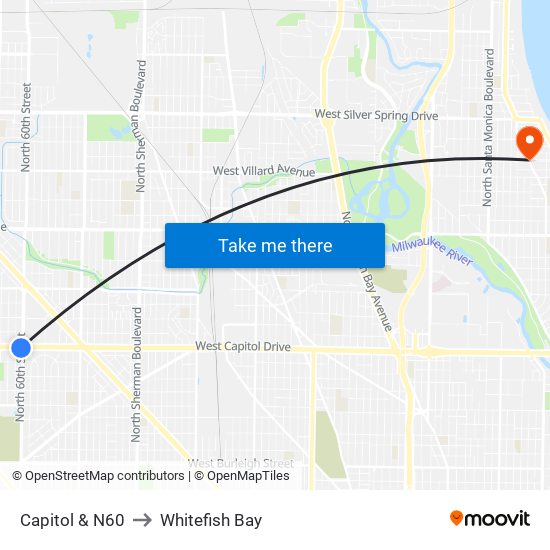 Capitol & N60 to Whitefish Bay map