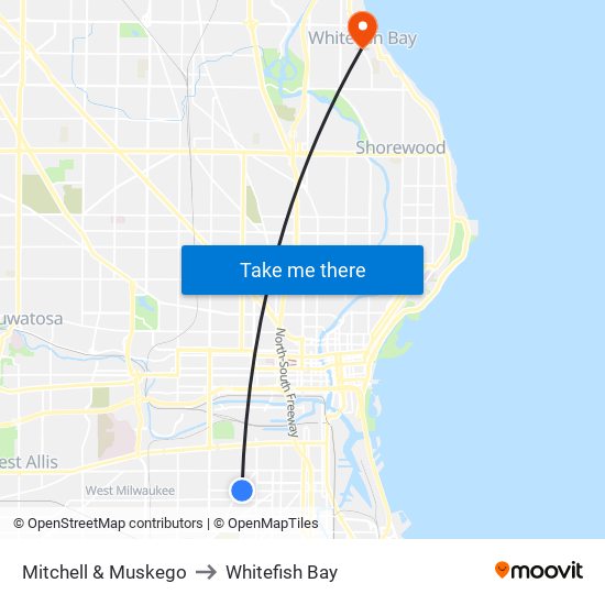 Mitchell & Muskego to Whitefish Bay map