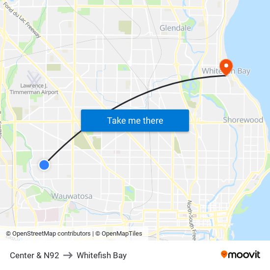 Center & N92 to Whitefish Bay map