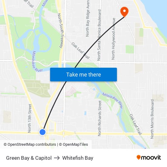 Green Bay & Capitol to Whitefish Bay map