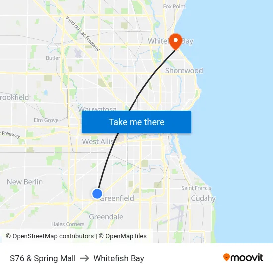 S76 & Spring Mall to Whitefish Bay map