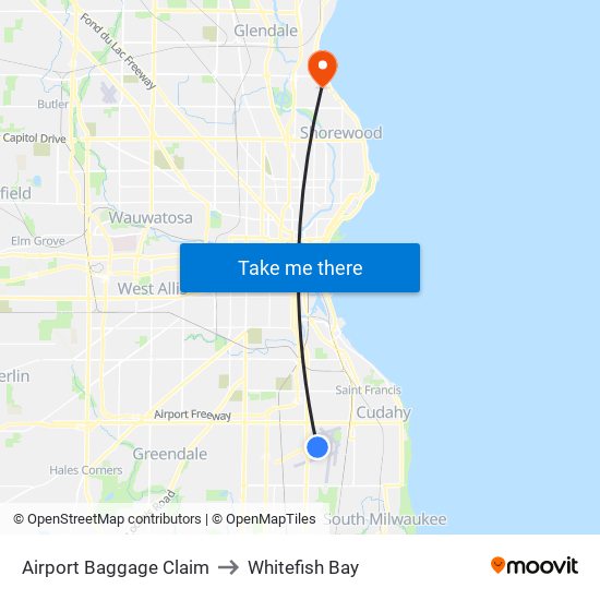 Airport Baggage Claim to Whitefish Bay map