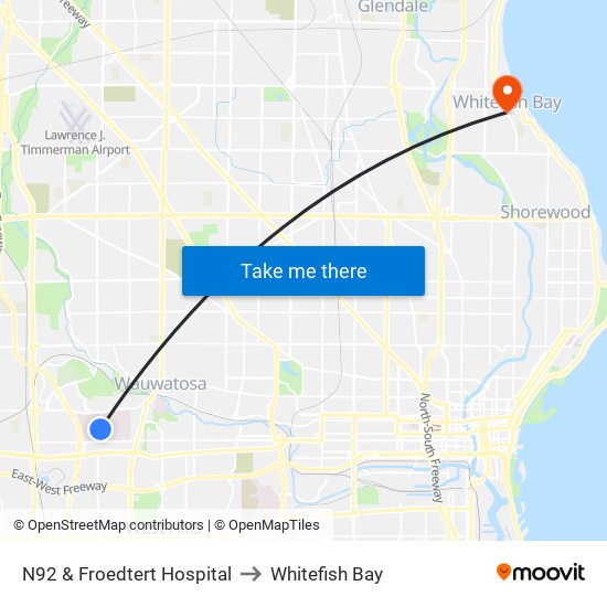 N92 & Froedtert Hospital to Whitefish Bay map