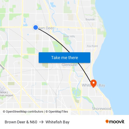 Brown Deer & N60 to Whitefish Bay map