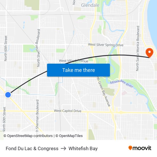 Fond Du Lac & Congress to Whitefish Bay map