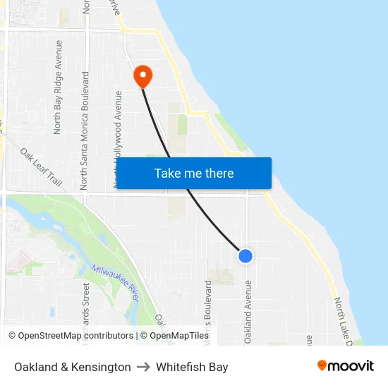 Oakland & Kensington to Whitefish Bay map