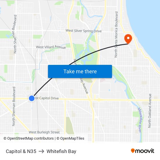 Capitol & N35 to Whitefish Bay map