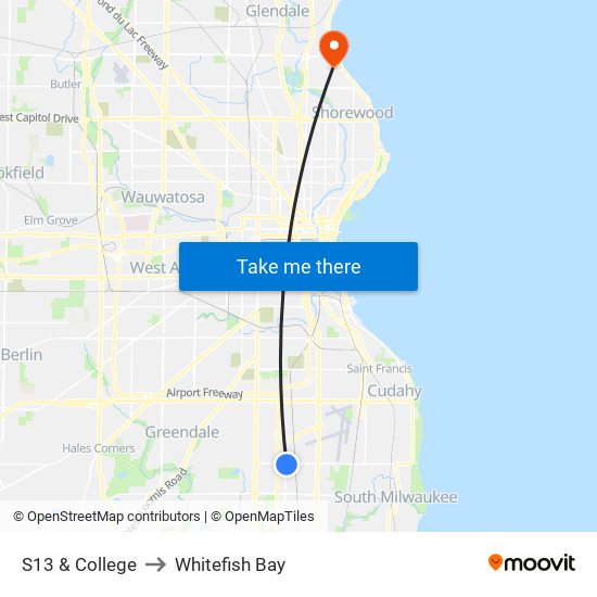 S13 & College to Whitefish Bay map