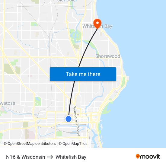 N16 & Wisconsin to Whitefish Bay map