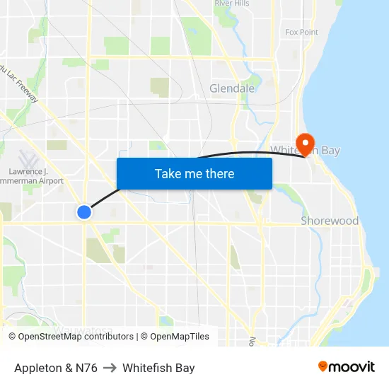 Appleton & N76 to Whitefish Bay map