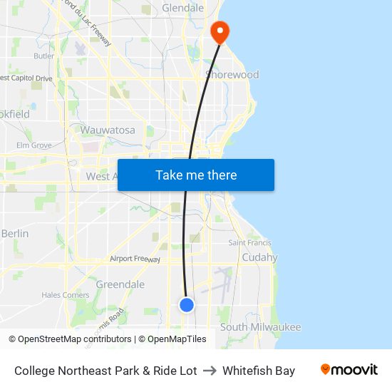 College Northeast Park & Ride Lot to Whitefish Bay map