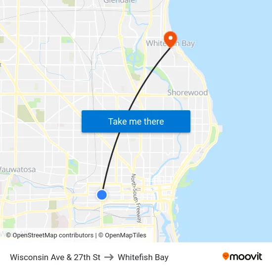 Wisconsin Ave & 27th St to Whitefish Bay map