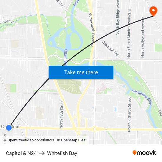 Capitol & N24 to Whitefish Bay map