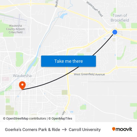 Goerke's Corners Park & Ride to Carroll University map