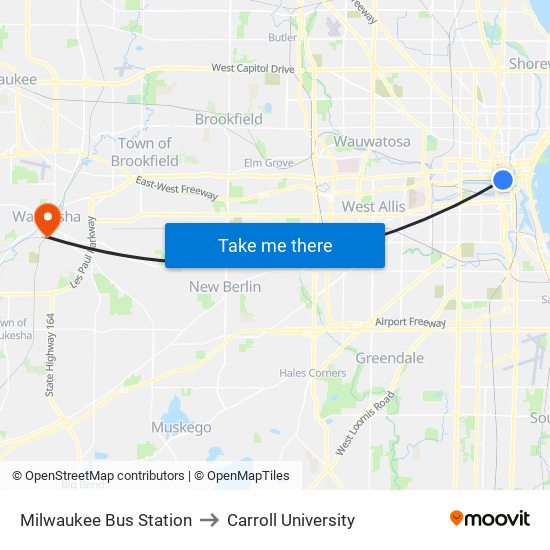 Milwaukee Bus Station to Carroll University map