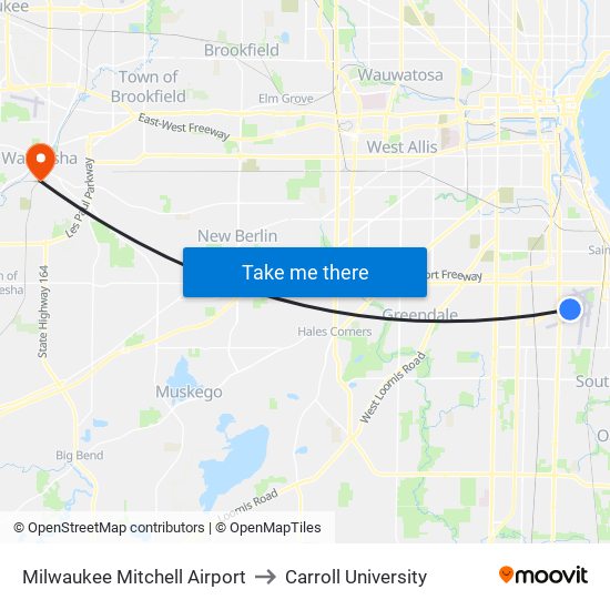 Milwaukee Mitchell Airport to Carroll University map
