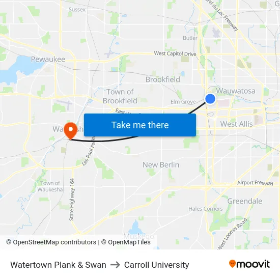 Watertown Plank & Swan to Carroll University map