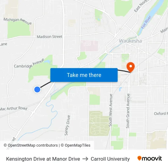Kensington Drive at Manor Drive to Carroll University map