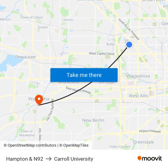 Hampton & N92 to Carroll University map