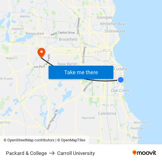Packard & College to Carroll University map