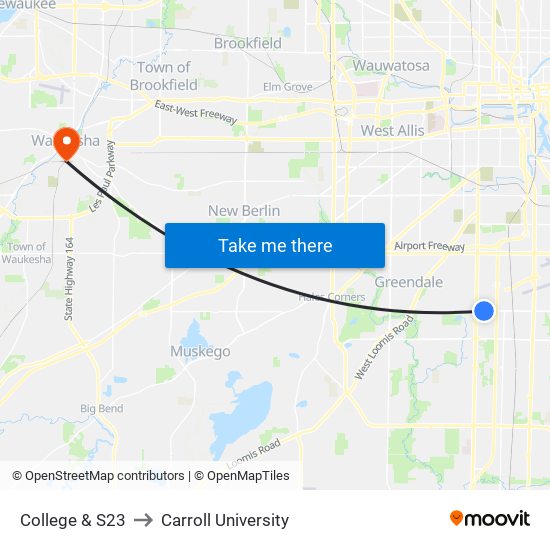 College & S23 to Carroll University map