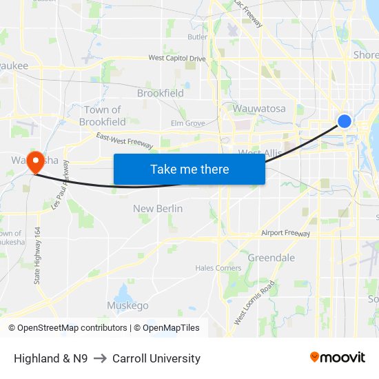 Highland & N9 to Carroll University map
