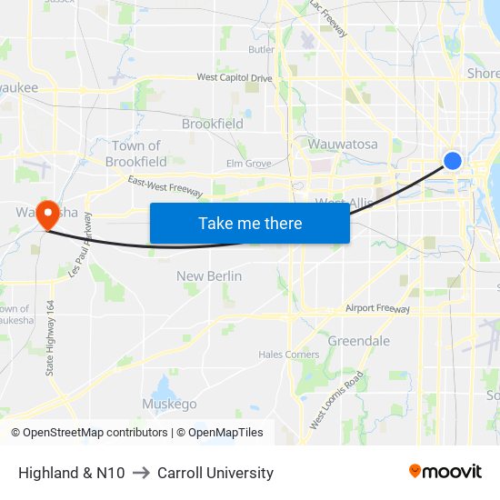 Highland & N10 to Carroll University map