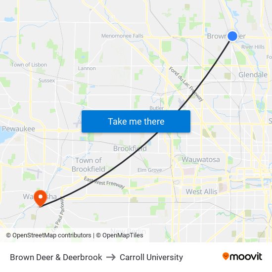 Brown Deer & Deerbrook to Carroll University map