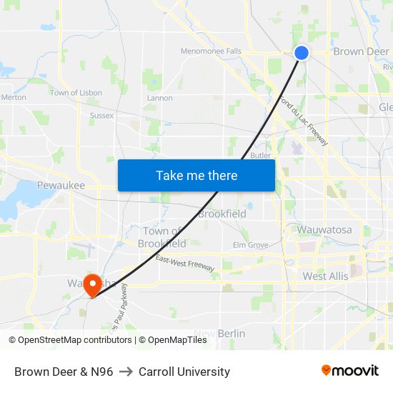 Brown Deer & N96 to Carroll University map