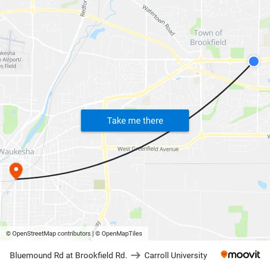 Bluemound Rd at Brookfield Rd. to Carroll University map