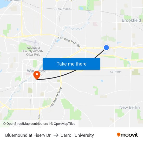 Bluemound at Fiserv Dr. to Carroll University map