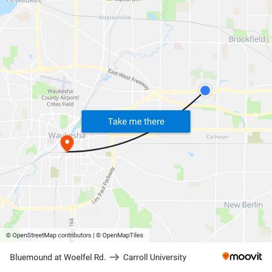 Bluemound at Woelfel Rd. to Carroll University map