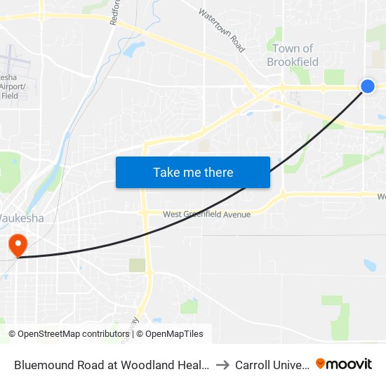 Bluemound Road at Woodland Health Center to Carroll University map