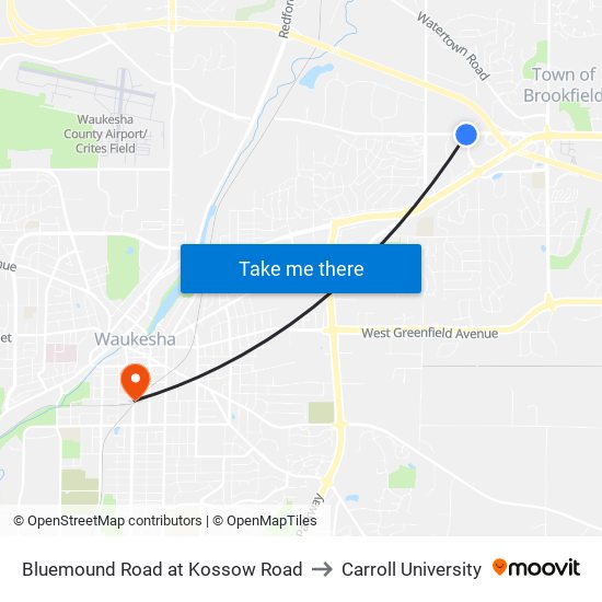 Bluemound Road at Kossow Road to Carroll University map