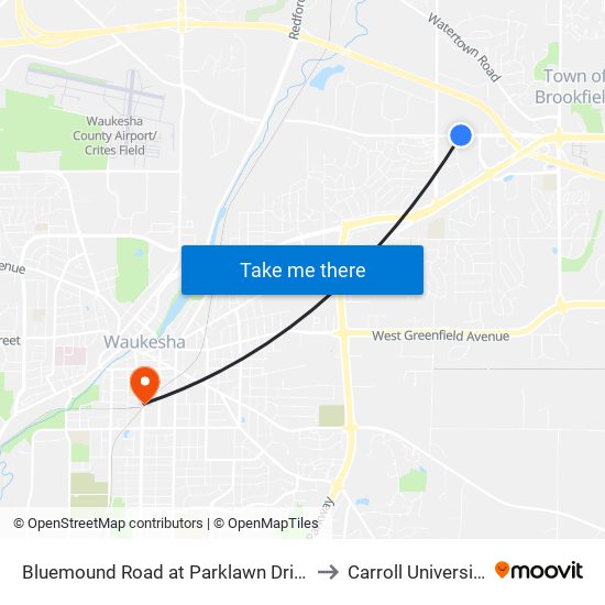Bluemound Road at Parklawn Drive to Carroll University map