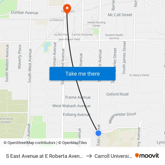 S East Avenue at E Roberta Avenue to Carroll University map