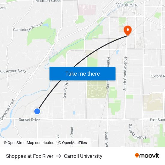 Shoppes at Fox River to Carroll University map