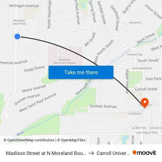 Madison Street at N Moreland Boulevard to Carroll University map