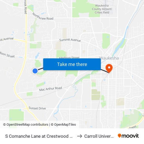 S Comanche Lane at Crestwood Drive to Carroll University map