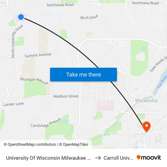 University Of Wisconsin Milwaukee at Waukesha to Carroll University map