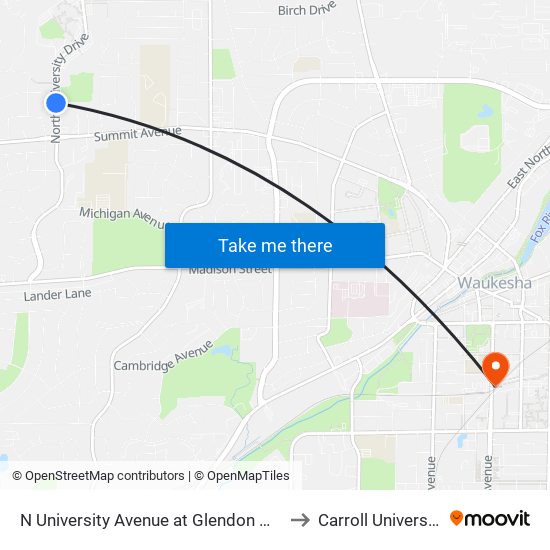 N University Avenue at Glendon Way to Carroll University map