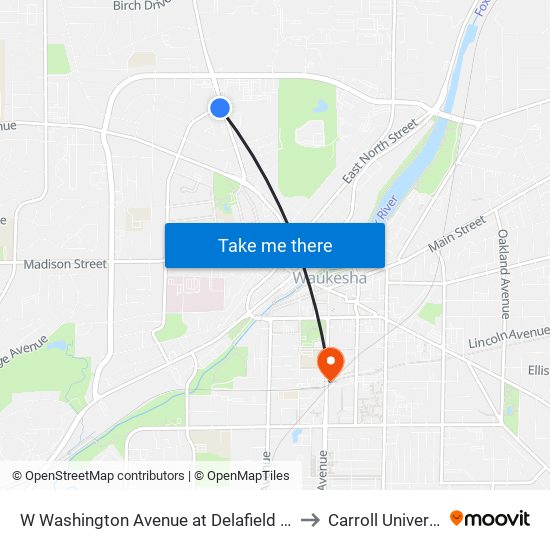 W Washington Avenue at Delafield Street to Carroll University map