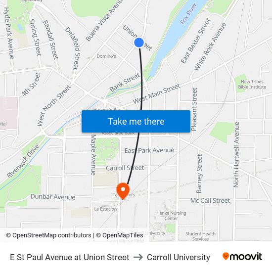 E St Paul Avenue at Union Street to Carroll University map