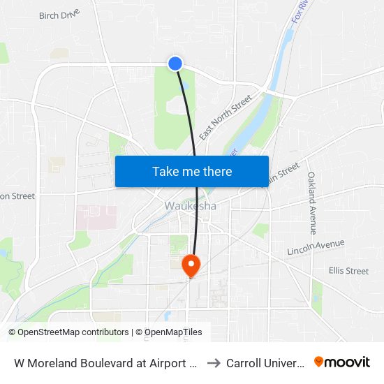 W Moreland Boulevard at Airport Road to Carroll University map