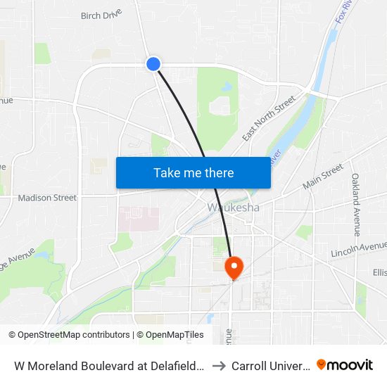 W Moreland Boulevard at Delafield Street to Carroll University map