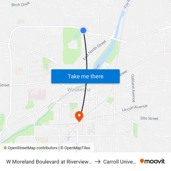 W Moreland Boulevard at Riverview Avenue to Carroll University map