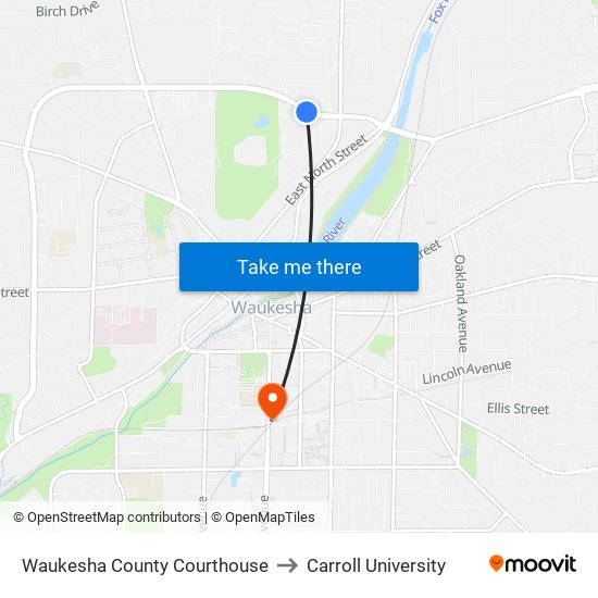 Waukesha County Courthouse to Carroll University map