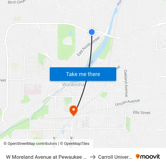 W Moreland Avenue at Pewaukee Road to Carroll University map