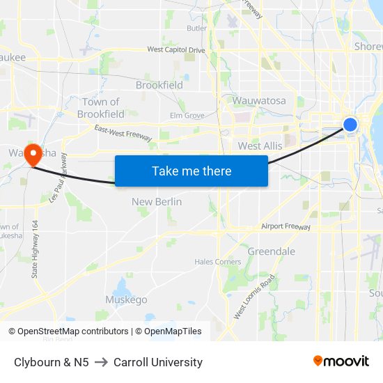 Clybourn & N5 to Carroll University map